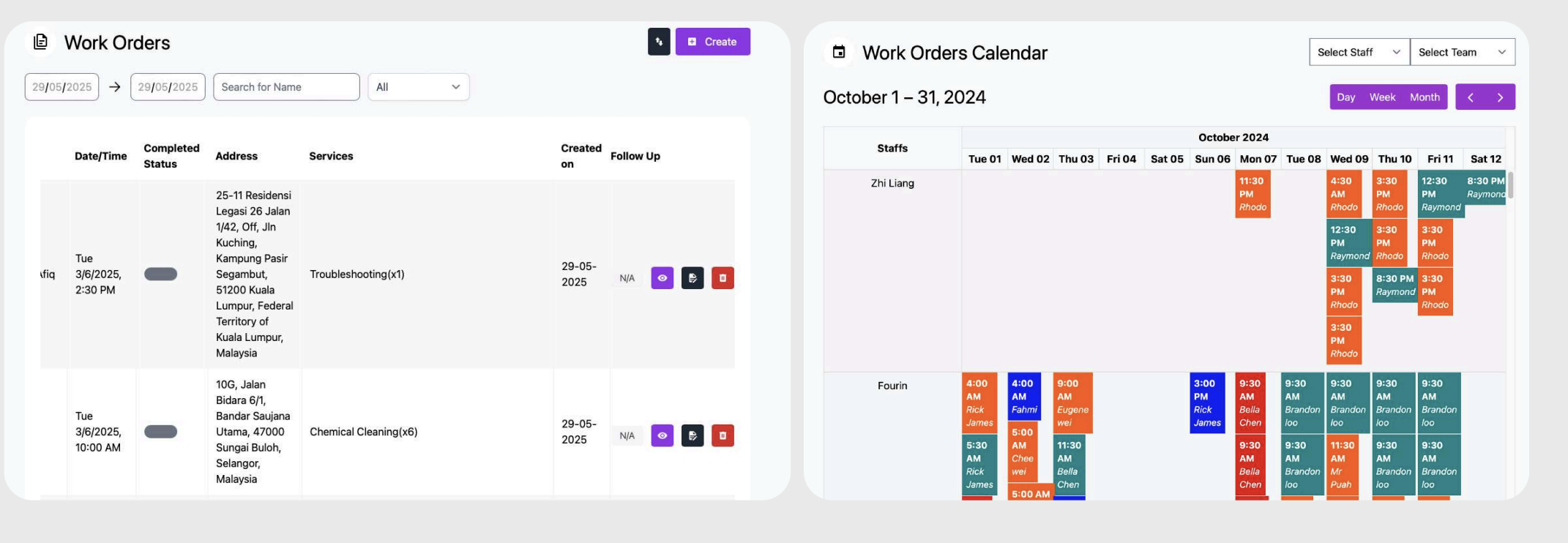 Field Robo Work Orders dashboard with list view and calendar view showing scheduled jobs across the team