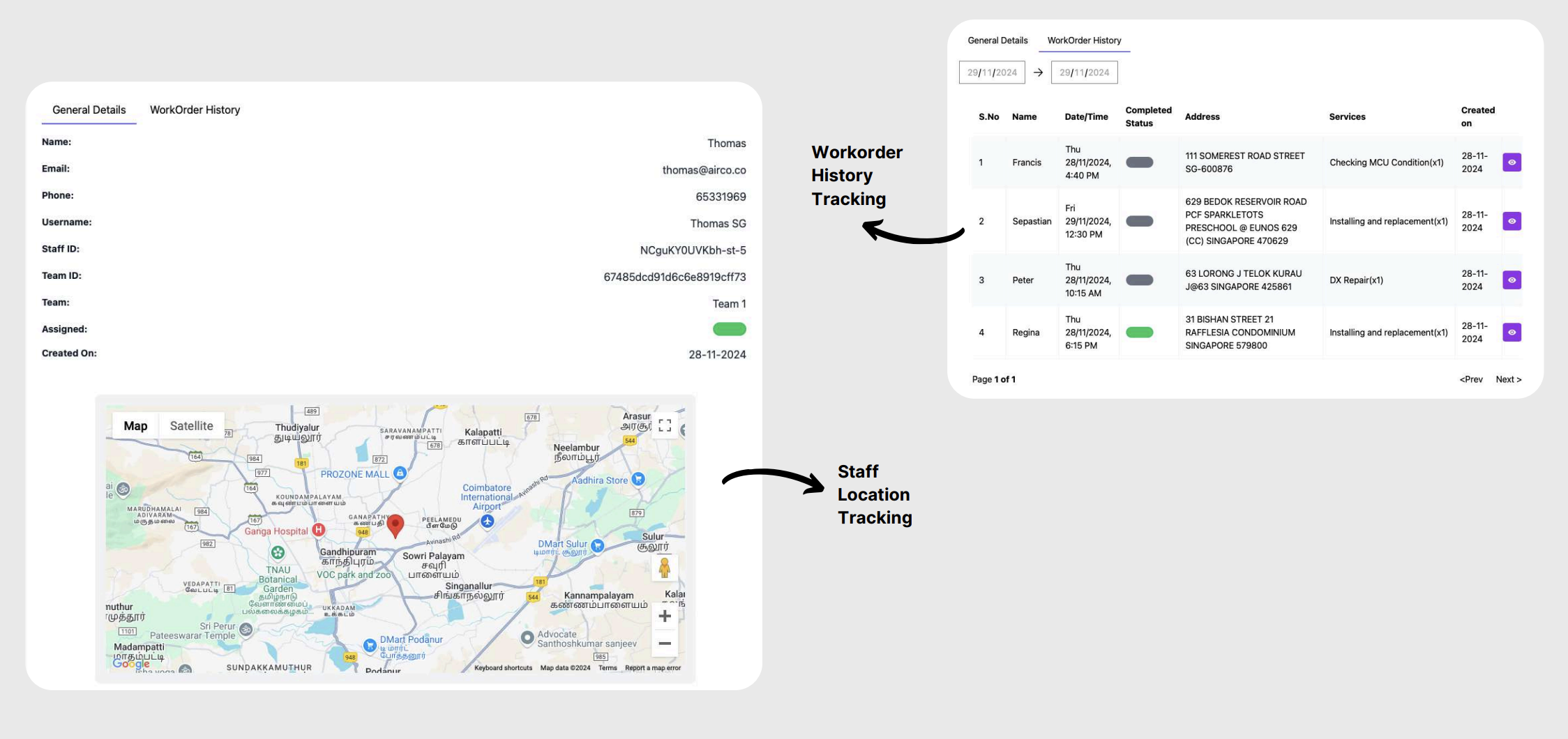 Field Robo Team Tracking showing staff details, work order history, and live staff location on Google Maps