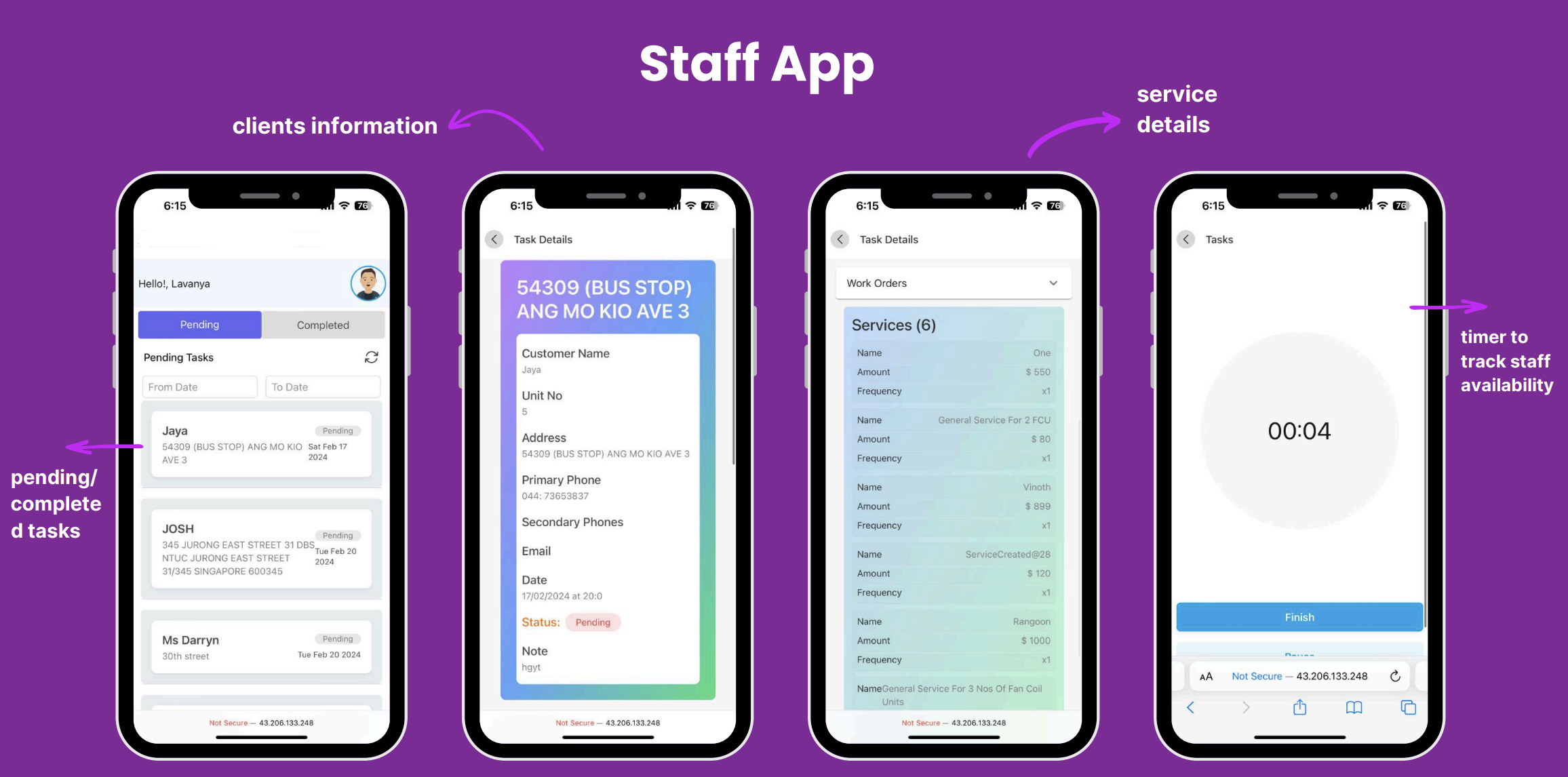 Field Robo mobile staff app showing pending tasks, task details, service list, and job timer across 4 phone screens