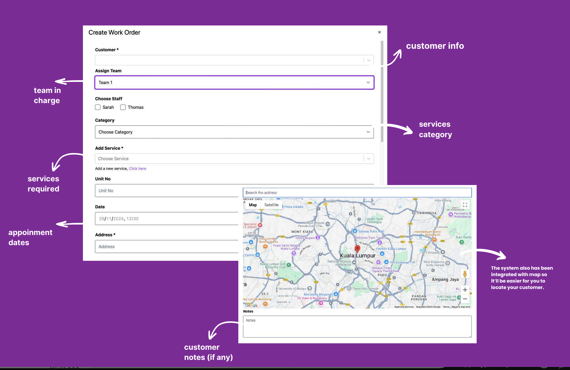 Field Robo Create Work Order form with customer, team, staff, service category, date, and address with Google Maps